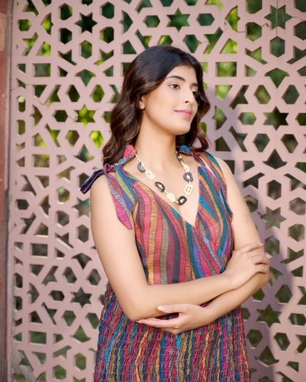 Tie top dress in Cotton Blend multicolored elasticated fabric