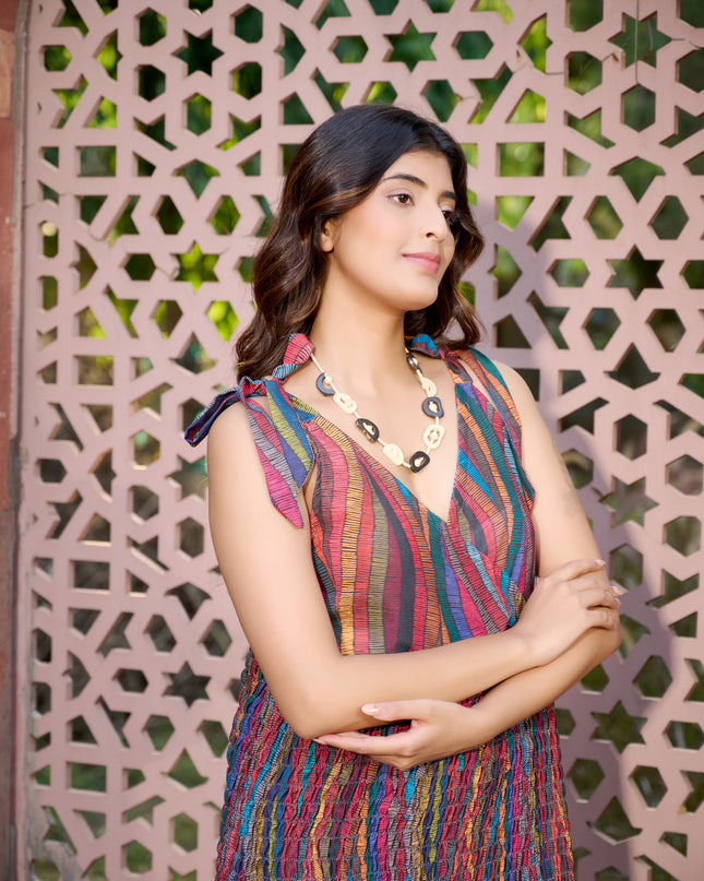 Tie top dress in Cotton Blend multicolored elasticated fabric