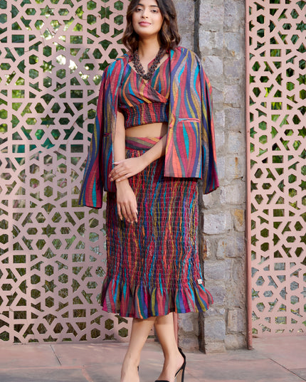 Elasticated Skirt and Top with Blazer Co-ord Set in Cotton Blend  fabric