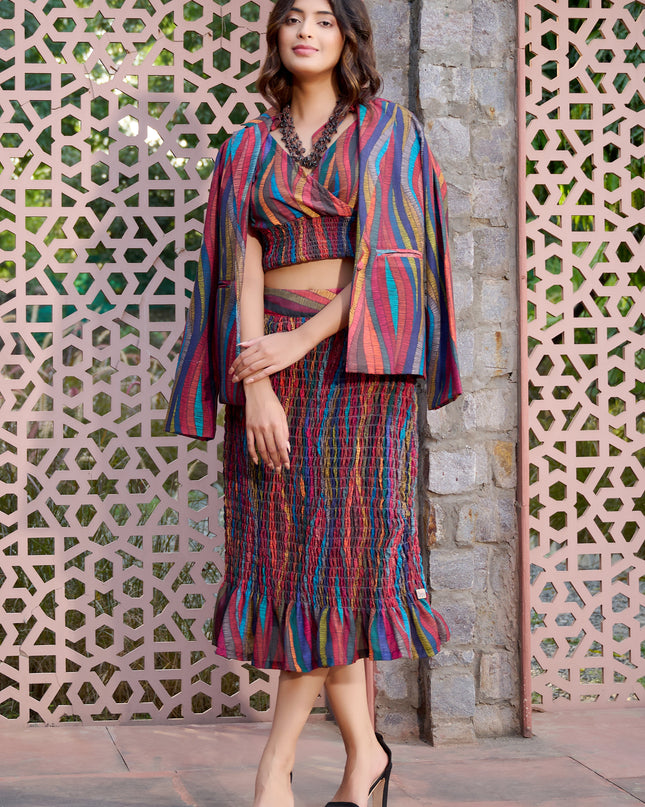 Elasticated Skirt and Top with Blazer Co-ord Set in Cotton Blend  fabric