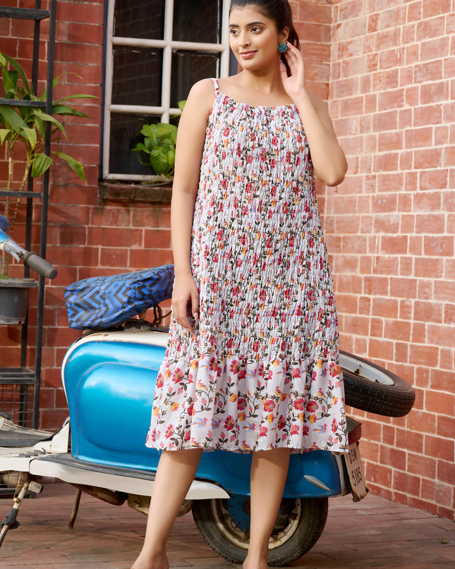 Elasticated spaghetti Dress in Cotton Floral fabric