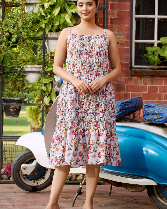 Elasticated spaghetti Dress in Cotton Floral fabric