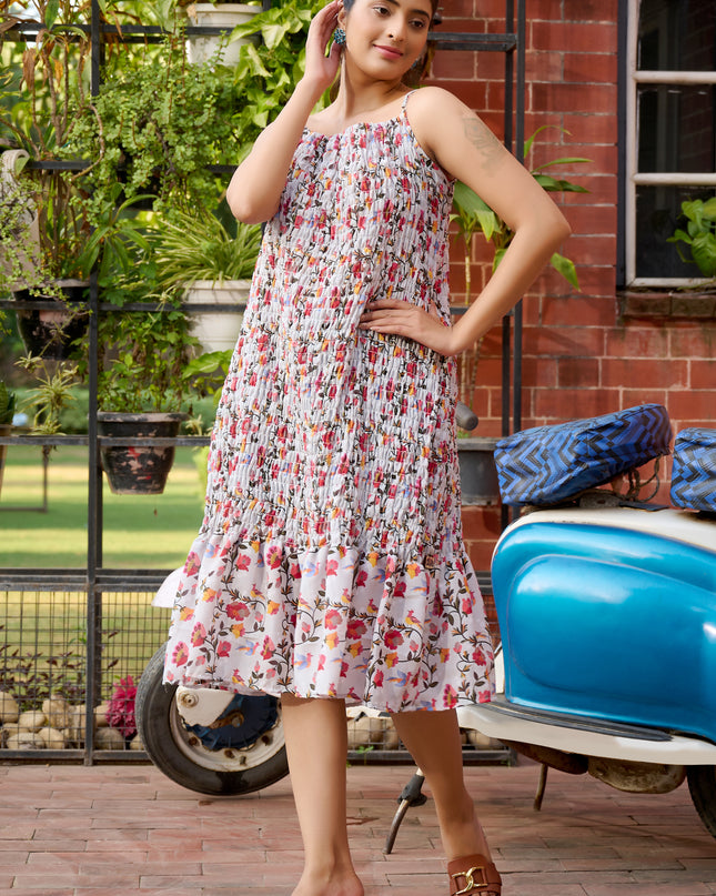 Elasticated spaghetti Dress in Cotton Floral fabric