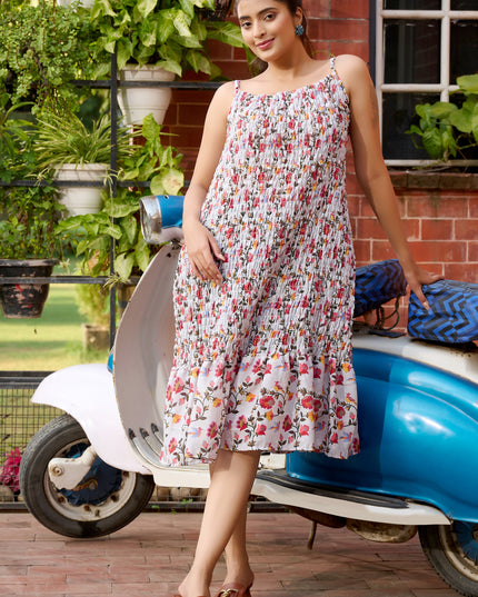 Elasticated spaghetti Dress in Cotton Floral fabric