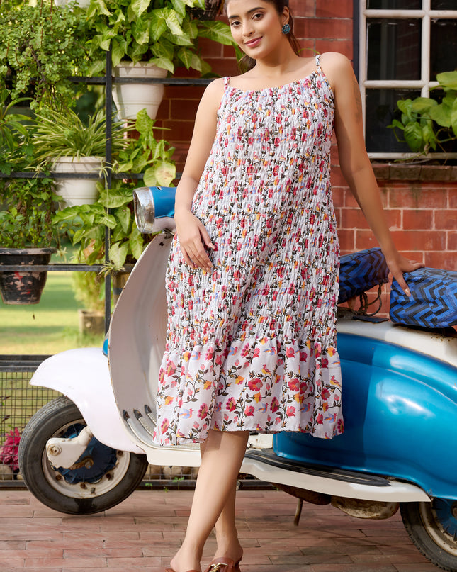 Elasticated spaghetti Dress in Cotton Floral fabric