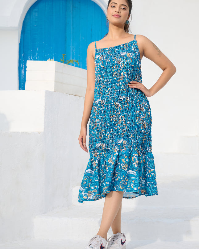 Elasticated spaghetti Dress in Cotton Blue Floral fabric