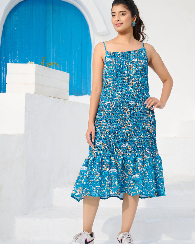 Elasticated spaghetti Dress in Cotton Blue Floral fabric
