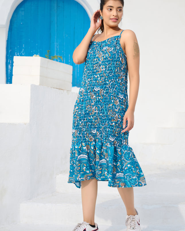 Elasticated spaghetti Dress in Cotton Blue Floral fabric