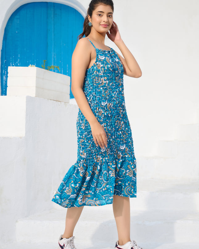 Elasticated spaghetti Dress in Cotton Blue Floral fabric