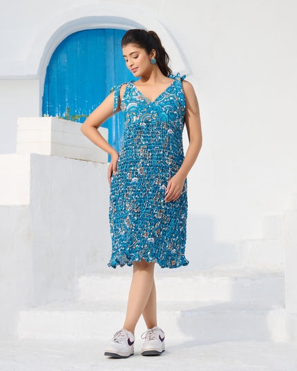 Tie top dress in Cotton Blend Blue Floral elasticated fabric