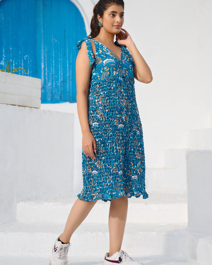Tie top dress in Cotton Blend Blue Floral elasticated fabric