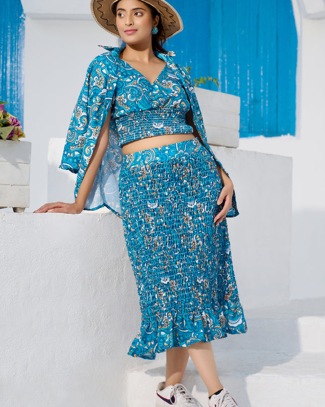Elasticated Skirt and Top with Blazer Co-ord Set in Cotton Blend Blue fabric