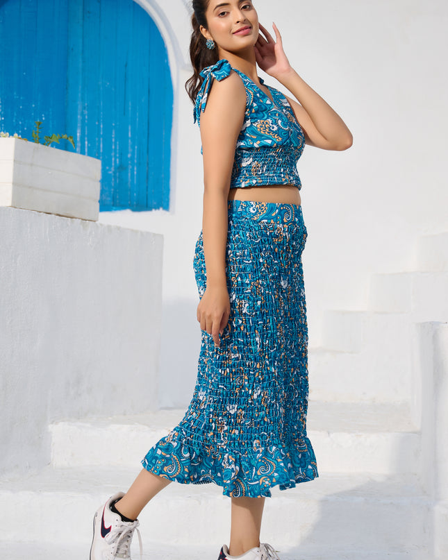 Elasticated Skirt and Top with Blazer Co-ord Set in Cotton Blend Blue fabric