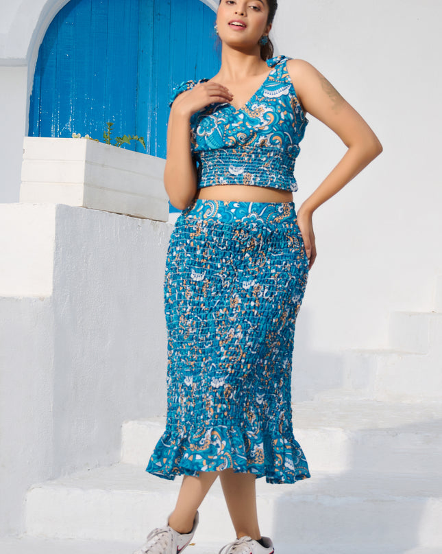 Elasticated Skirt and Top with Blazer Co-ord Set in Cotton Blend Blue fabric
