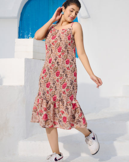 Elasticated spaghetti Dress in Cotton Brown Floral fabric