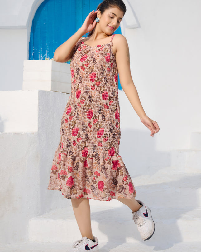 Elasticated spaghetti Dress in Cotton Brown Floral fabric