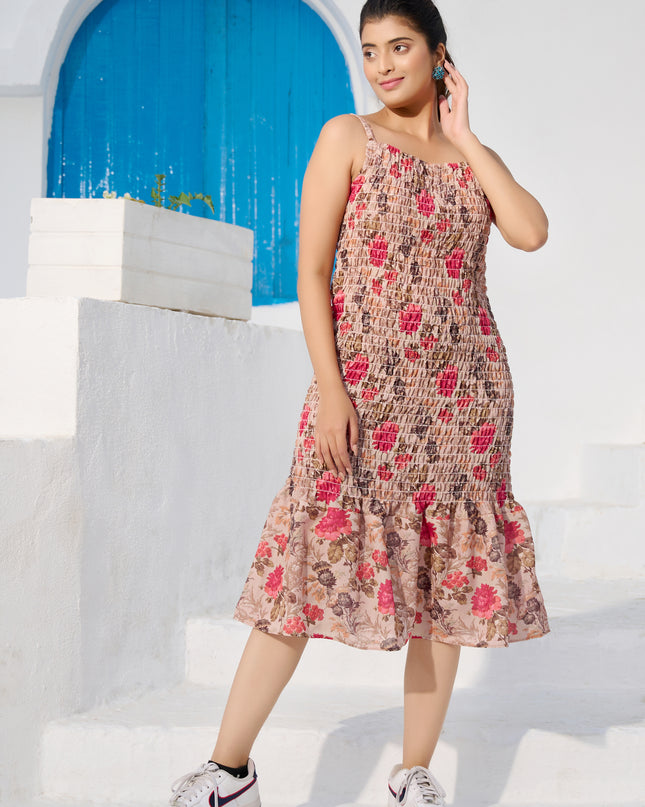 Elasticated spaghetti Dress in Cotton Brown Floral fabric