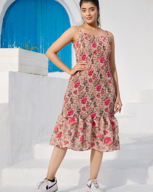 Elasticated spaghetti Dress in Cotton Brown Floral fabric