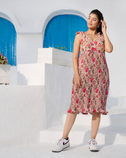 Tie top dress in Cotton Blend Brown Floral elasticated fabric