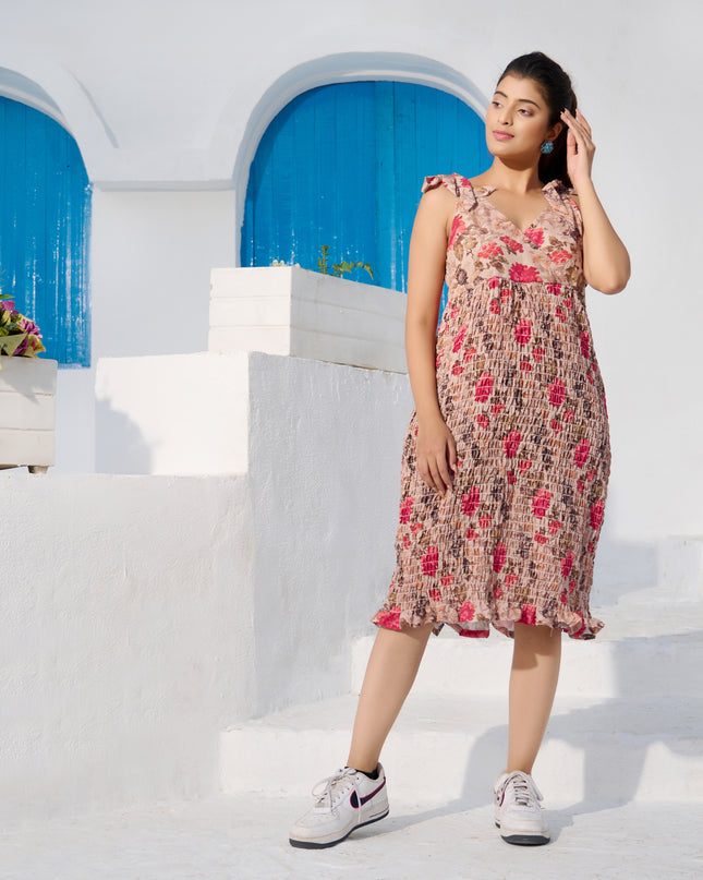 Tie top dress in Cotton Blend Brown Floral elasticated fabric