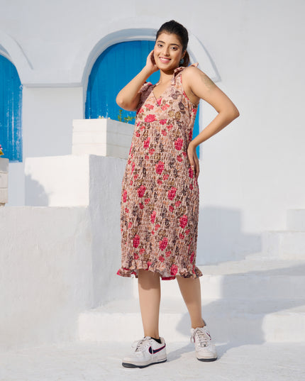 Tie top dress in Cotton Blend Brown Floral elasticated fabric