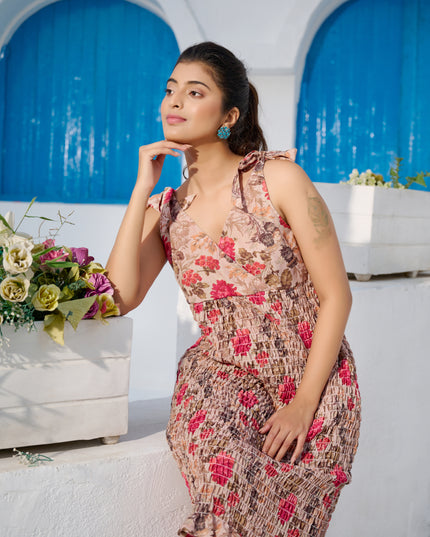 Tie top dress in Cotton Blend Brown Floral elasticated fabric