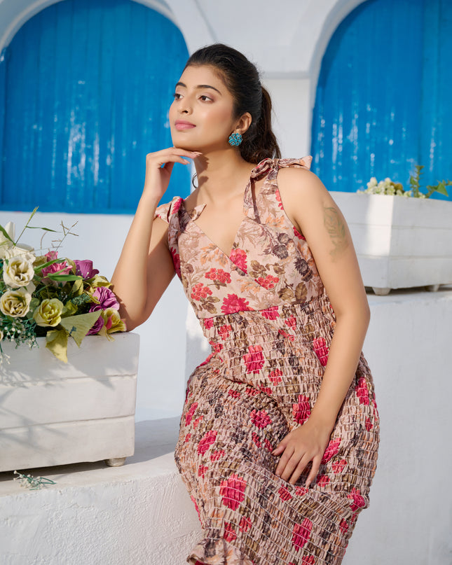 Tie top dress in Cotton Blend Brown Floral elasticated fabric