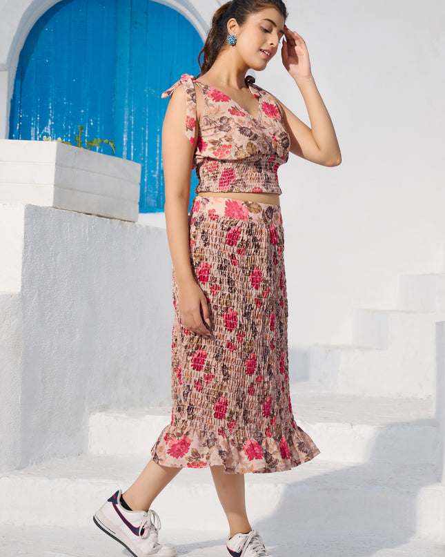 Elasticated Skirt and Top with Blazer Co-ord Set in Cotton Blend Brown fabric