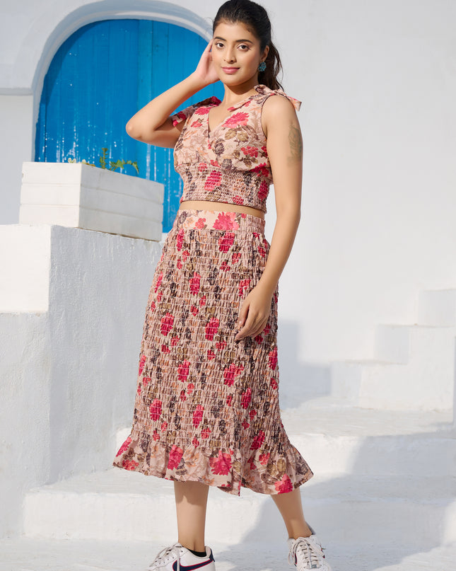 Elasticated Skirt and Top with Blazer Co-ord Set in Cotton Blend Brown fabric