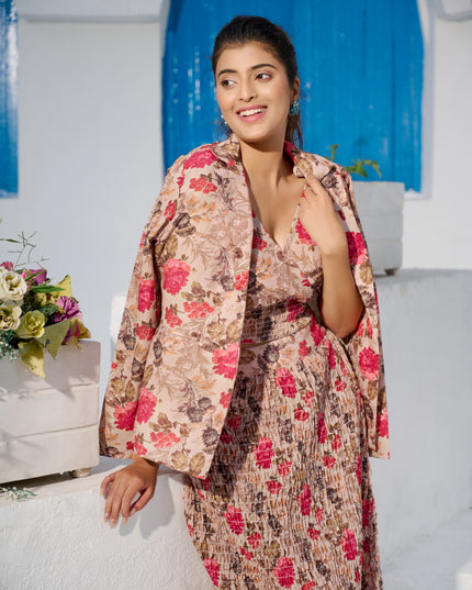 Elasticated Skirt and Top with Blazer Co-ord Set in Cotton Blend Brown fabric