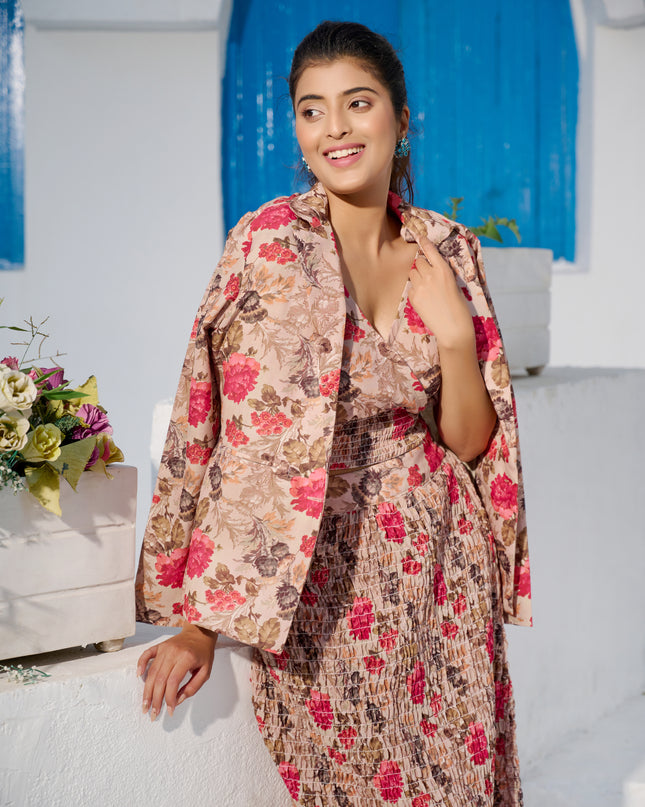 Elasticated Skirt and Top with Blazer Co-ord Set in Cotton Blend Brown fabric
