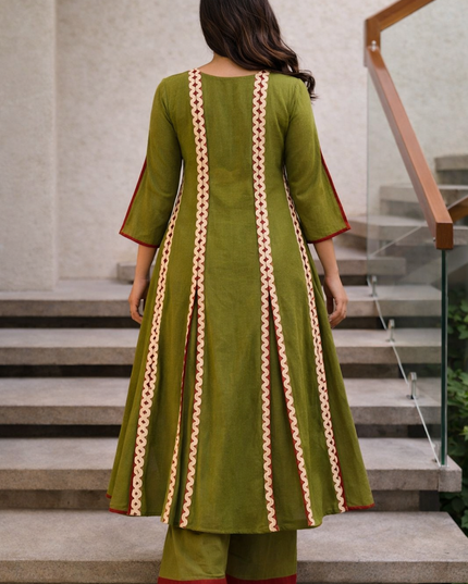Evara Cotton Olive Kurti Set with designer silhouette