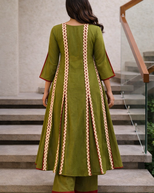 Evara Cotton Olive Kurti Set with designer silhouette