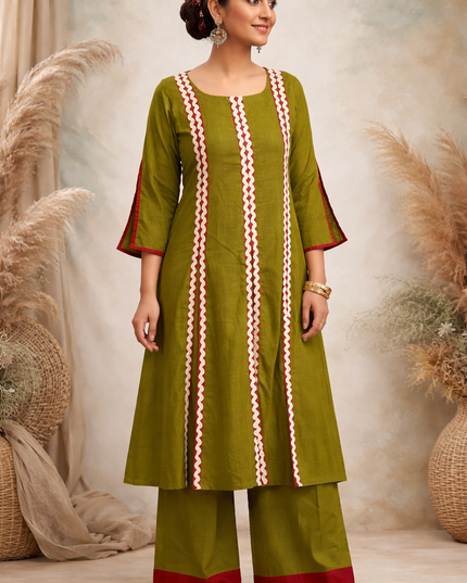 Evara Cotton Olive Kurti Set with designer silhouette