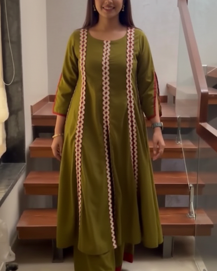 Evara Cotton Olive Kurti Set with designer silhouette
