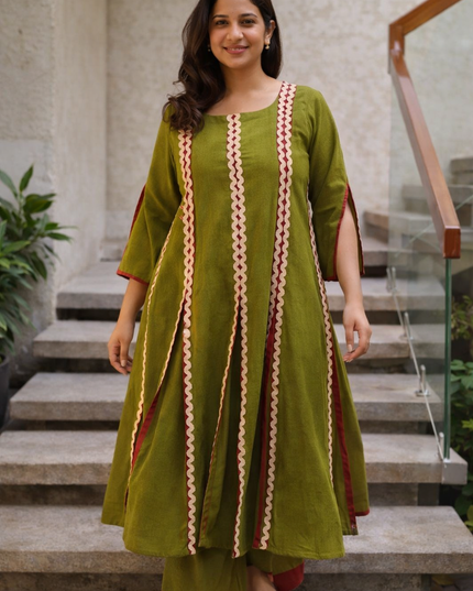 Evara Cotton Olive Kurti Set with designer silhouette