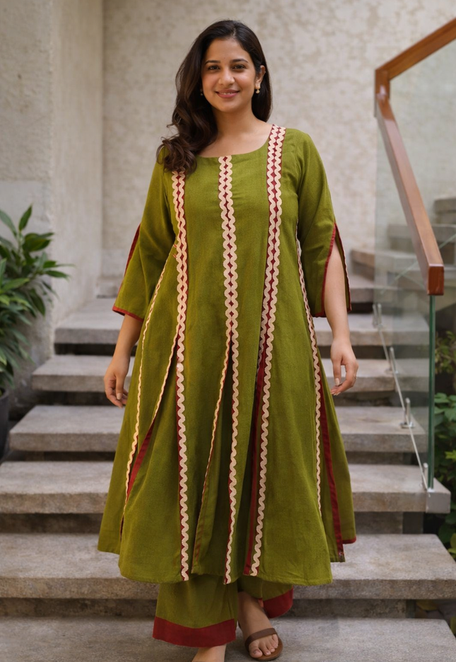 Evara Cotton Olive Kurti Set with designer silhouette