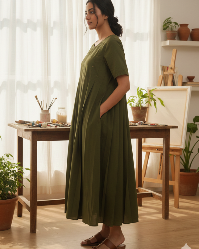 Evara Cotton Olive - Golden Thread Dress