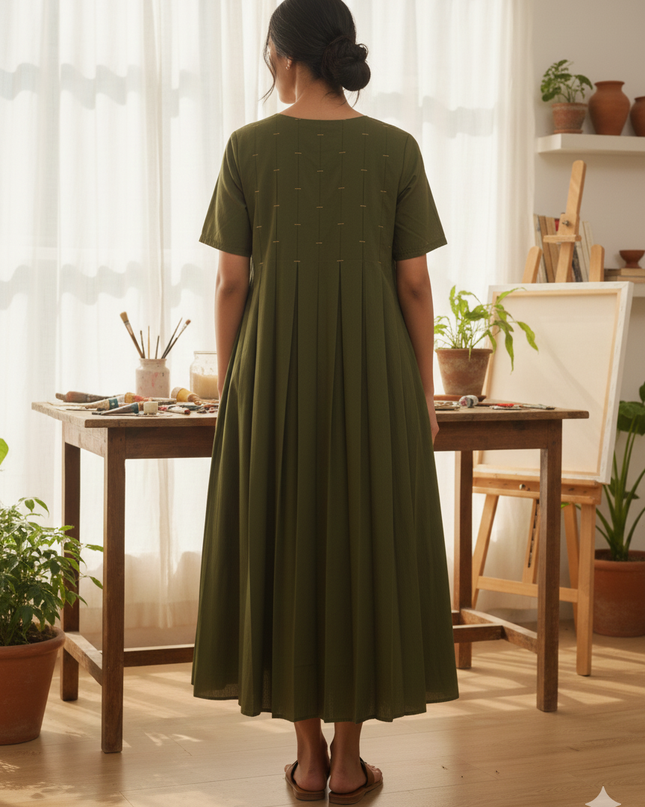 Evara Cotton Olive - Golden Thread Dress