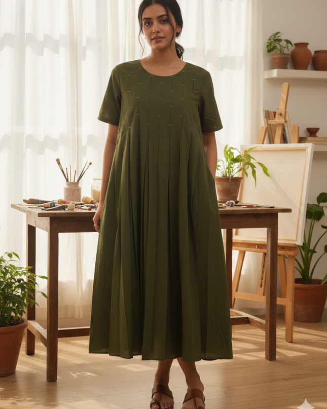 Evara Cotton Olive - Golden Thread Dress