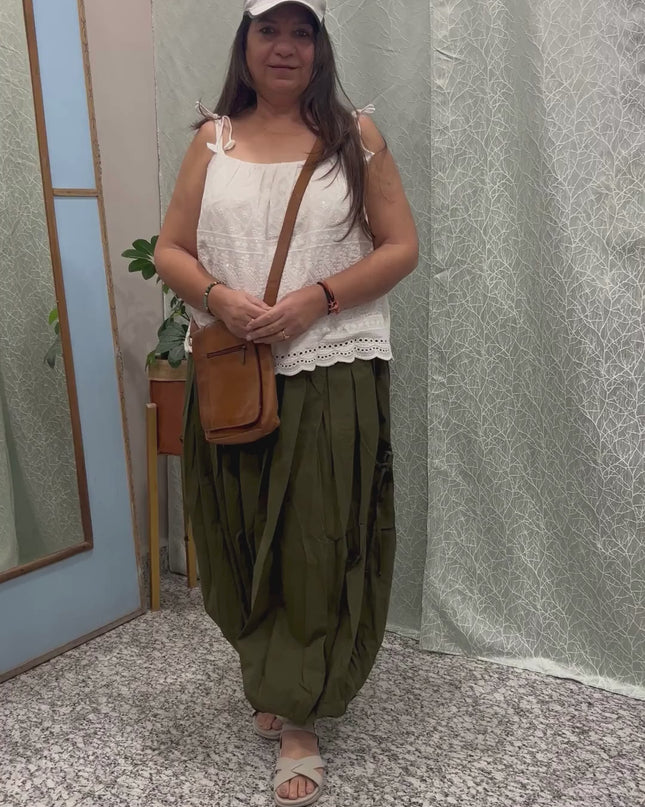 Nomad Balloon Pants & Embroidered Top Combo Set -Green and White