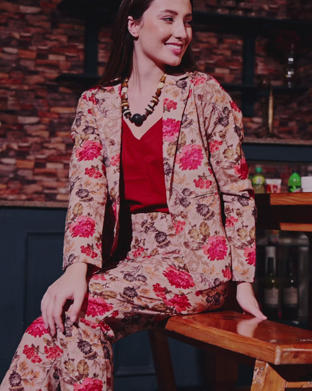 3 Piece Blazer Set Brown Floral