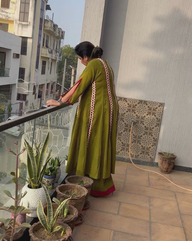 Evara Cotton Olive Kurti Set with designer silhouette